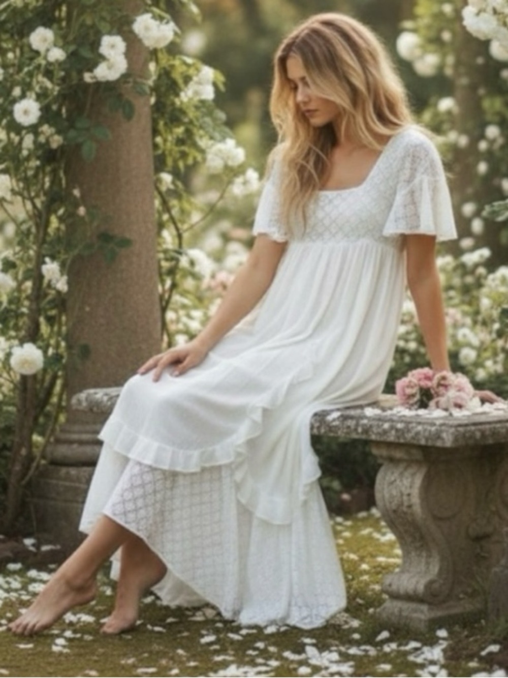 Free People Ethereal Bohemian Cottage Bring The Romance Maxi Dress White Medium - Picture 6 of 13